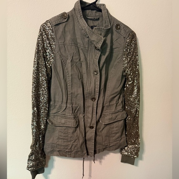 Quinn Gray Utility Jacket with Silver Sequin Sleeves - Picture 1 of 4